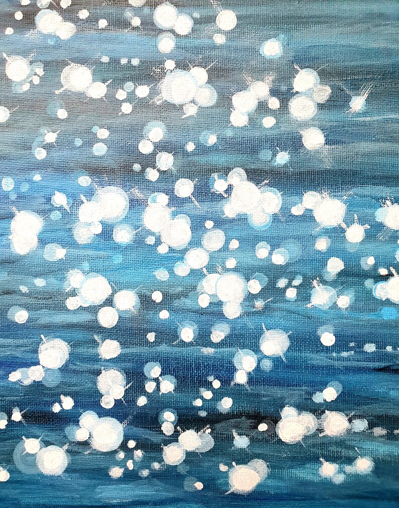 May include: Abstract painting with a water theme. The artwork features a textured canvas with shades of blue and white. White, circular shapes are scattered across the canvas, creating a sense of bubbles or light reflecting on water.