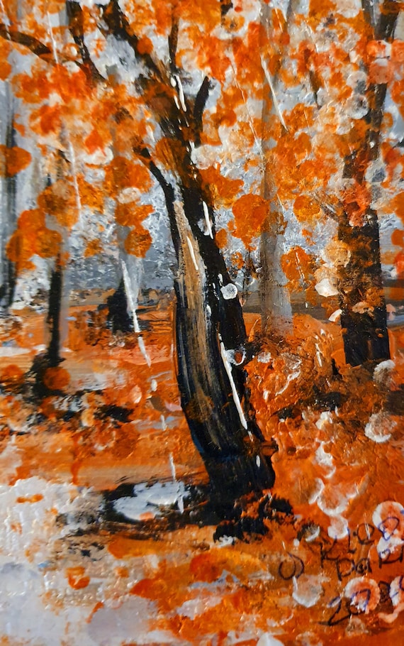 秋の雨のアクリル画：テクスチャのあるインパスト風景画（9x6インチ