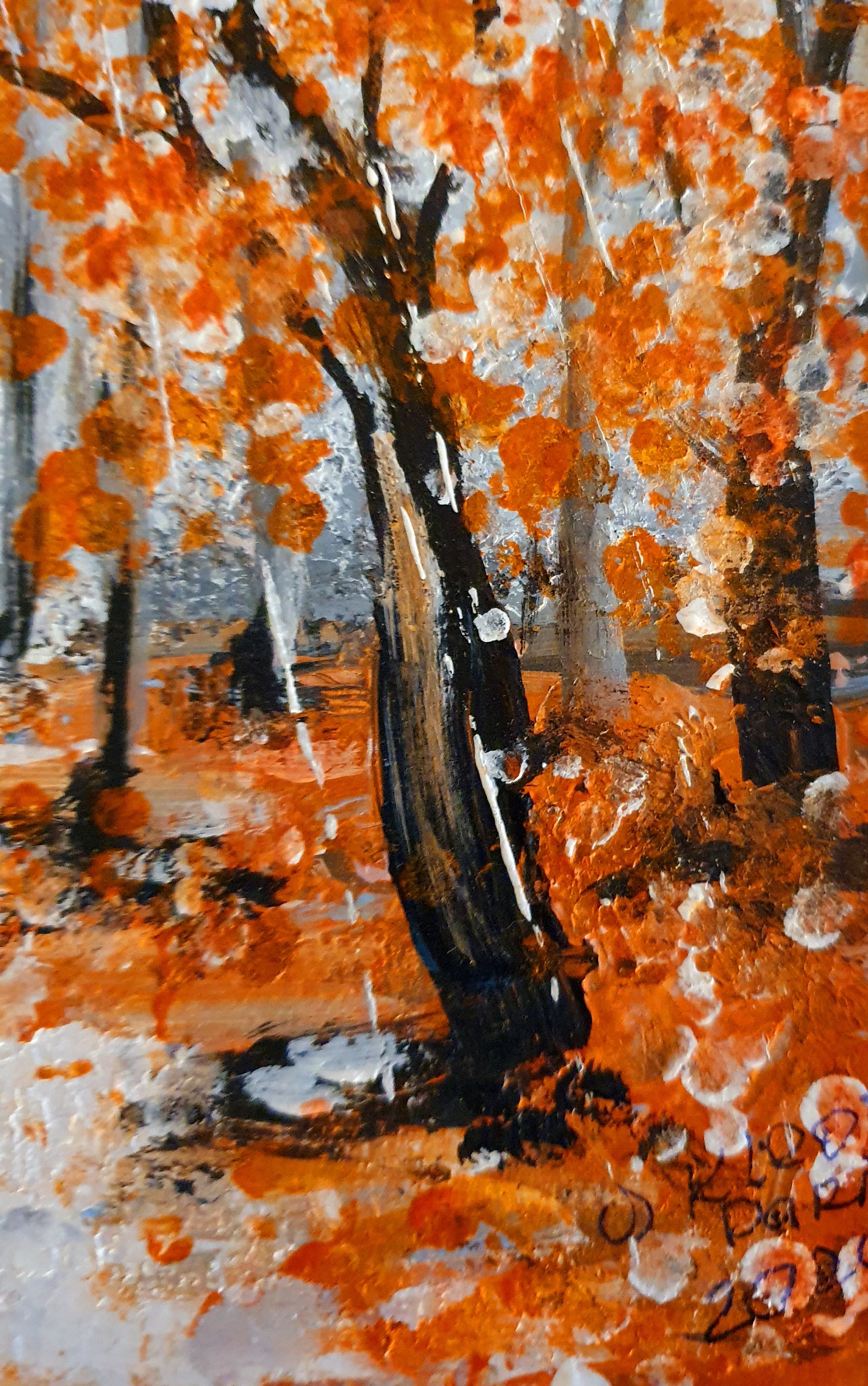秋の雨のアクリル画：テクスチャのあるインパスト風景画（9x6インチ