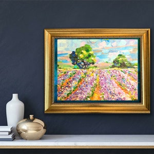 Campos de lavanda Paisagem, pintura original, estilo impressionista, pintura texturizada, belas artes semi-abstratas 12x12 polegadas por OlgaKleotArt