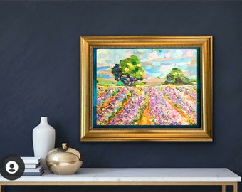 Lavender fields Landscape, Original painting, Impressionist style, Textured painting, semi abstract fine art  12x12 inch by OlgaKleotArt