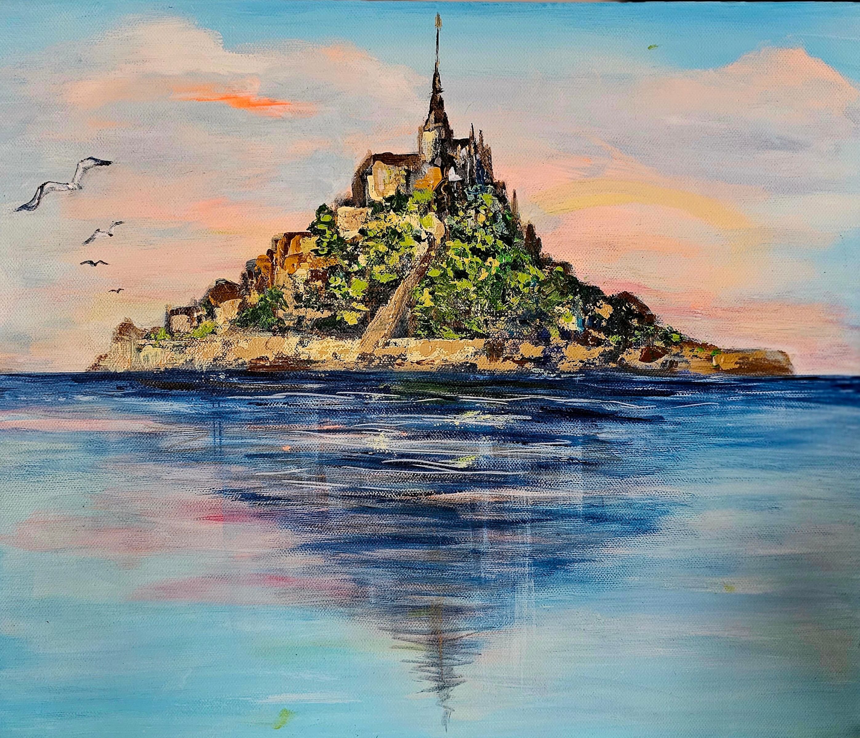 ★夏のモン・サンミシェル・肉筆油彩画・F6キャンバス モン・サン＝ミシェルの絵画、ノルマンディーの海景、キャンバスに油彩