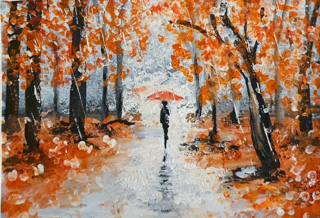 そ*る様 【秋の訪れ】アクリル画 F3 風景画 絵画 秋の雨のアクリル画：テクスチャのあるインパスト風景画（9x6インチ