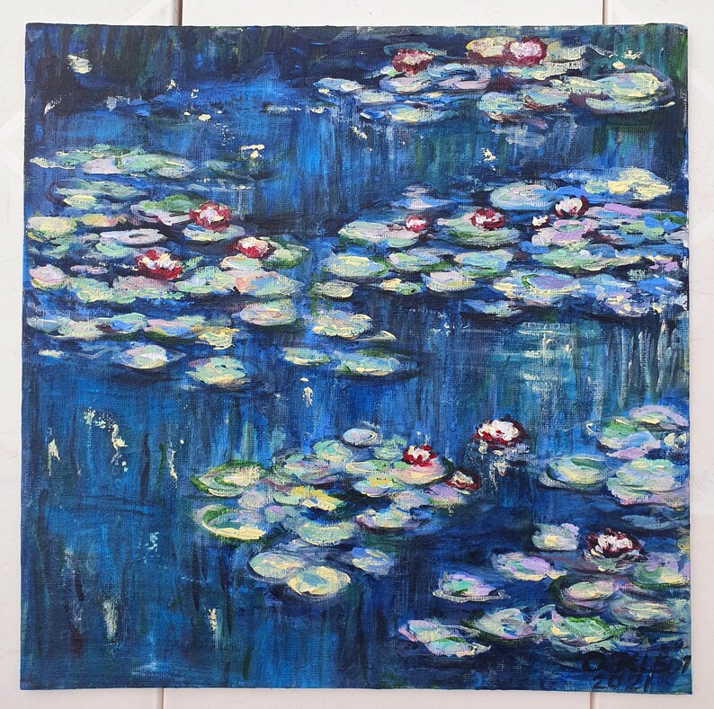 Monet Style Painting Water Lily Original Artwork Impressionism Canvas. French Original Art 1212 inch by OlgaKleotArt image 7