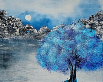 Blue tree original painting, Canvas impasto artwork,  blue wall art from OlgaKleotArt