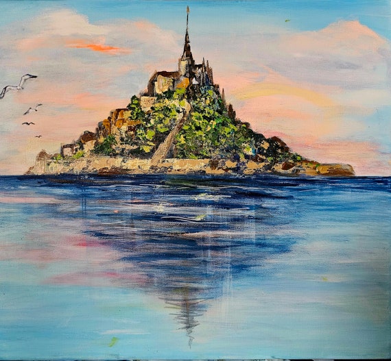 モン・サン＝ミシェルの絵画、ノルマンディーの海景、キャンバスに油彩