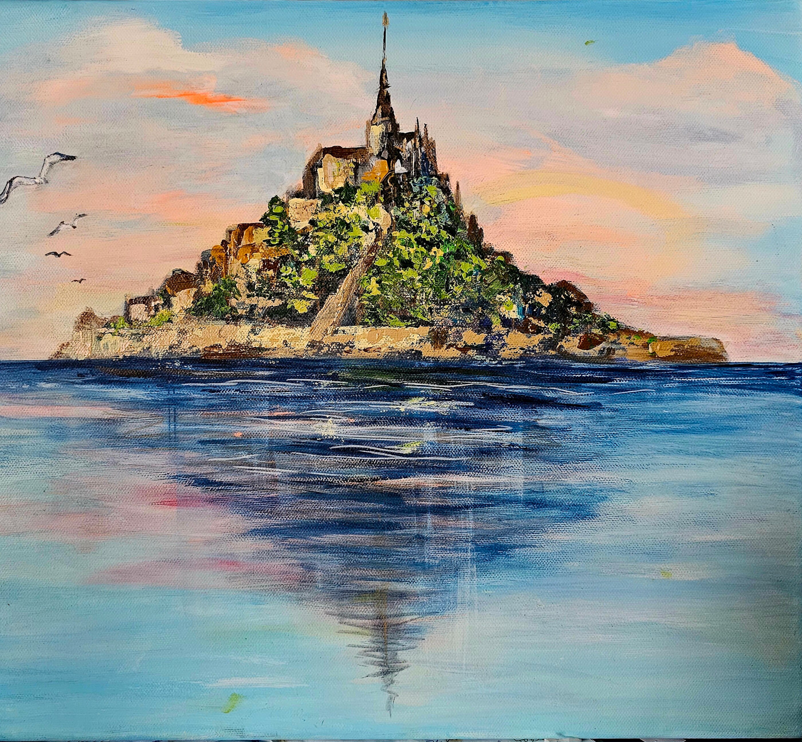 ★夏のモン・サンミシェル・肉筆油彩画・F6キャンバス モン・サン＝ミシェルの絵画、ノルマンディーの海景、キャンバスに油彩