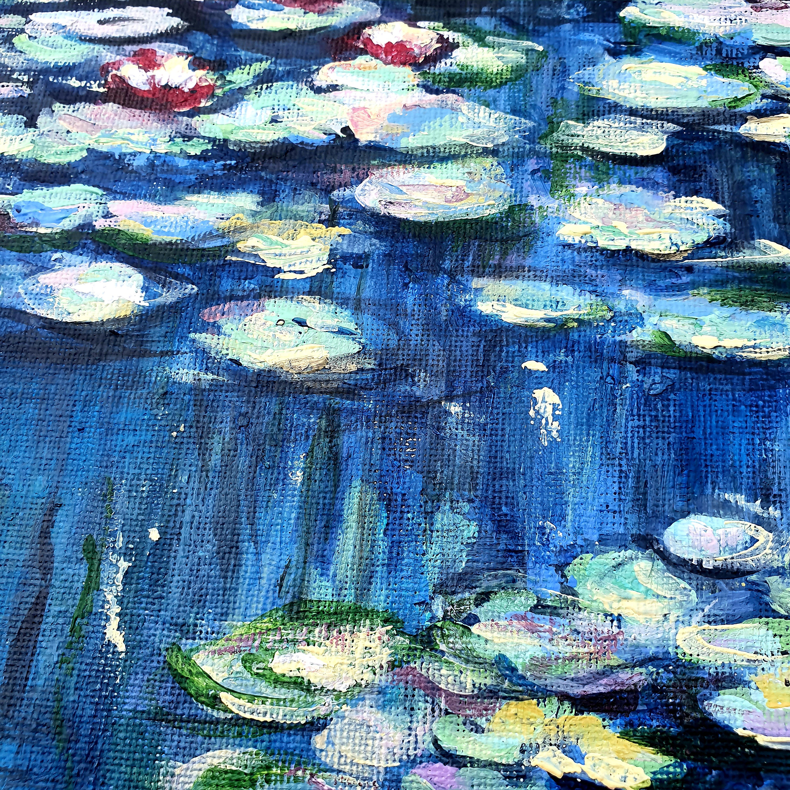 Original Canvas Painting, Large Wall Art 40x40cms, Vibrant Water Lilies,  Acrylic Textured With Palette Knife on Canvas Board, Unframed, 