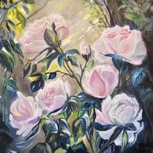 Pintura de rosas delicadas, brilho do sol, pintura a óleo 12×12 sobre tela, obra de arte original, uma boa ideia de presente de OlgaKleotArt.