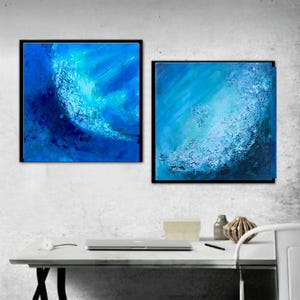 Set of 2 Abstract textures original artwork, abstract Diptych , blue wall art,  Modern  fine art 12×12 inch by  OlgaKleotArt.