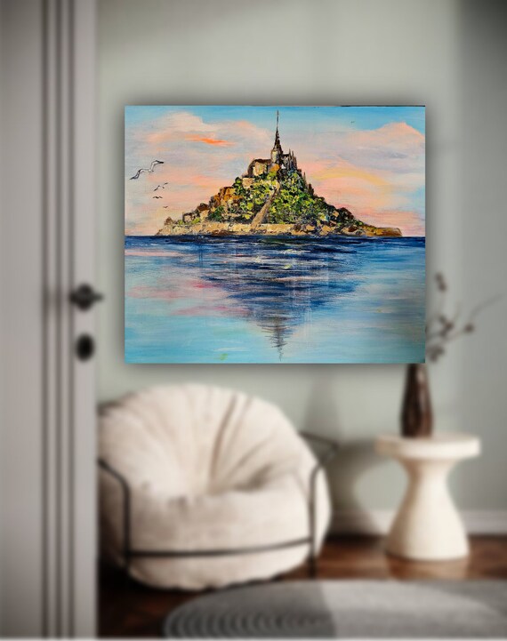 モン・サン＝ミシェルの絵画、ノルマンディーの海景、キャンバスに油彩