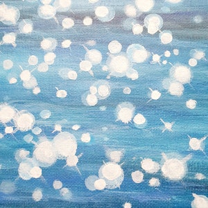 May include: Abstract painting with a textured canvas background. The artwork features a gradient of blue hues, with white, circular, and star-like shapes scattered across the surface, creating a sparkling effect.