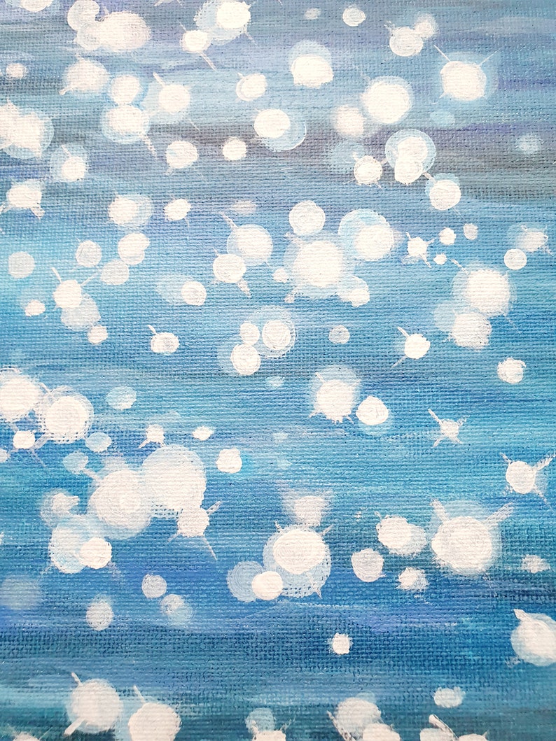 May include: Abstract painting with a textured canvas background. The artwork features a gradient of blue hues, with white, circular, and star-like shapes scattered across the surface, creating a sparkling effect.