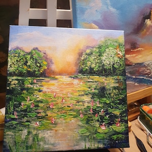 Impressionist painting Monet style. Water Lilies  pond in the morning. Original  painting floral landscape from OlgaKleotArt.