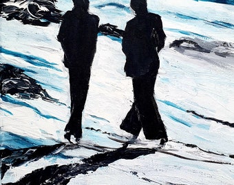 Minimalist painting romantic couple on the plage in the moon night, original canvas  artwork  by OlgaKleotArt.