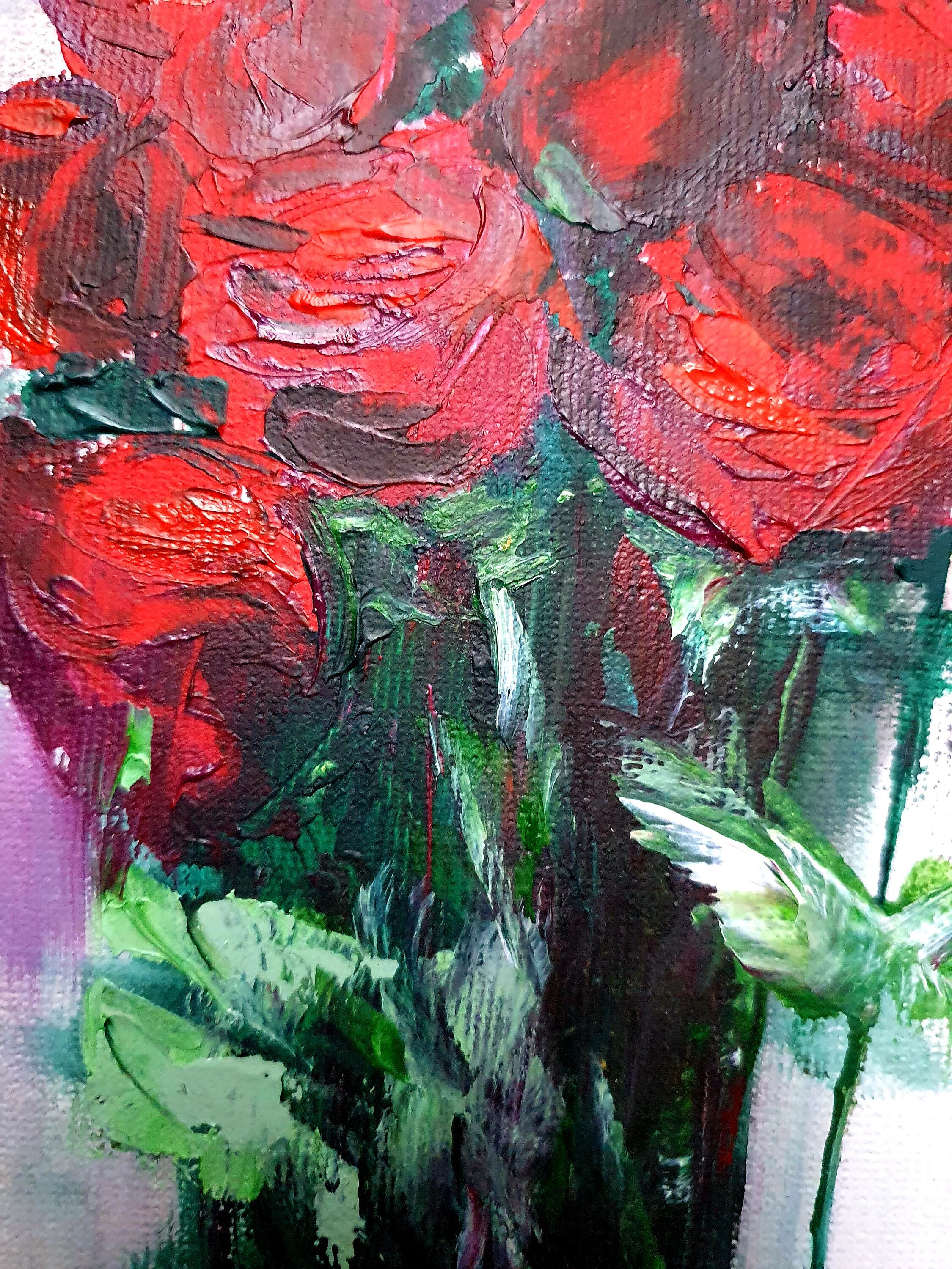 Red Roses Oil Painting: Floral Impasto Art, Small Original Artwork