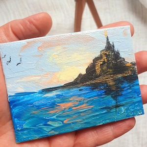 モンサンミッシェルのオリジナル絵画。ACEO 抽象アートワーク/ヨーロッパの壁アート/ OlgaKleotArt による ACEO カート コレクション