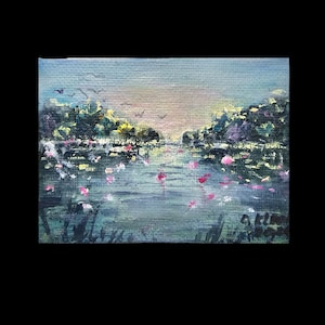 ACEO Karte, Impasto Landschaft, Seerosen Bild von Monet, Original, Kleine Leinwand 6 x 9,5 cm, by OlgaKleotArt.