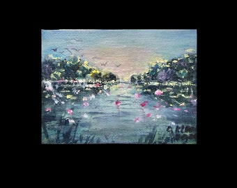 ACEO card, Impasto landscape, water lily pound Monet, Original painting, Small canvas fine art, Tiny Art 2,5x3,5 inch by OlgaKleotArt.