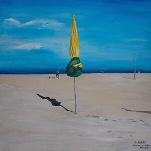 Seascape french original painting, NORMANDY Deauville Art, impasto minimalist beach artwork, 20×20  inh,  canvas  painting by OlgaKleotArt.