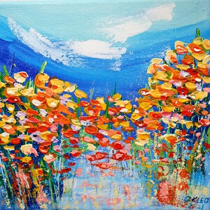 Original floral painting.Bright  flowers in the vase. Small impasto painting on canvas.