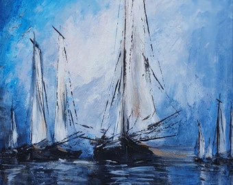 Regatta Sailboat Painting: Abstract Seascape, Palette Knife Art (16x9)