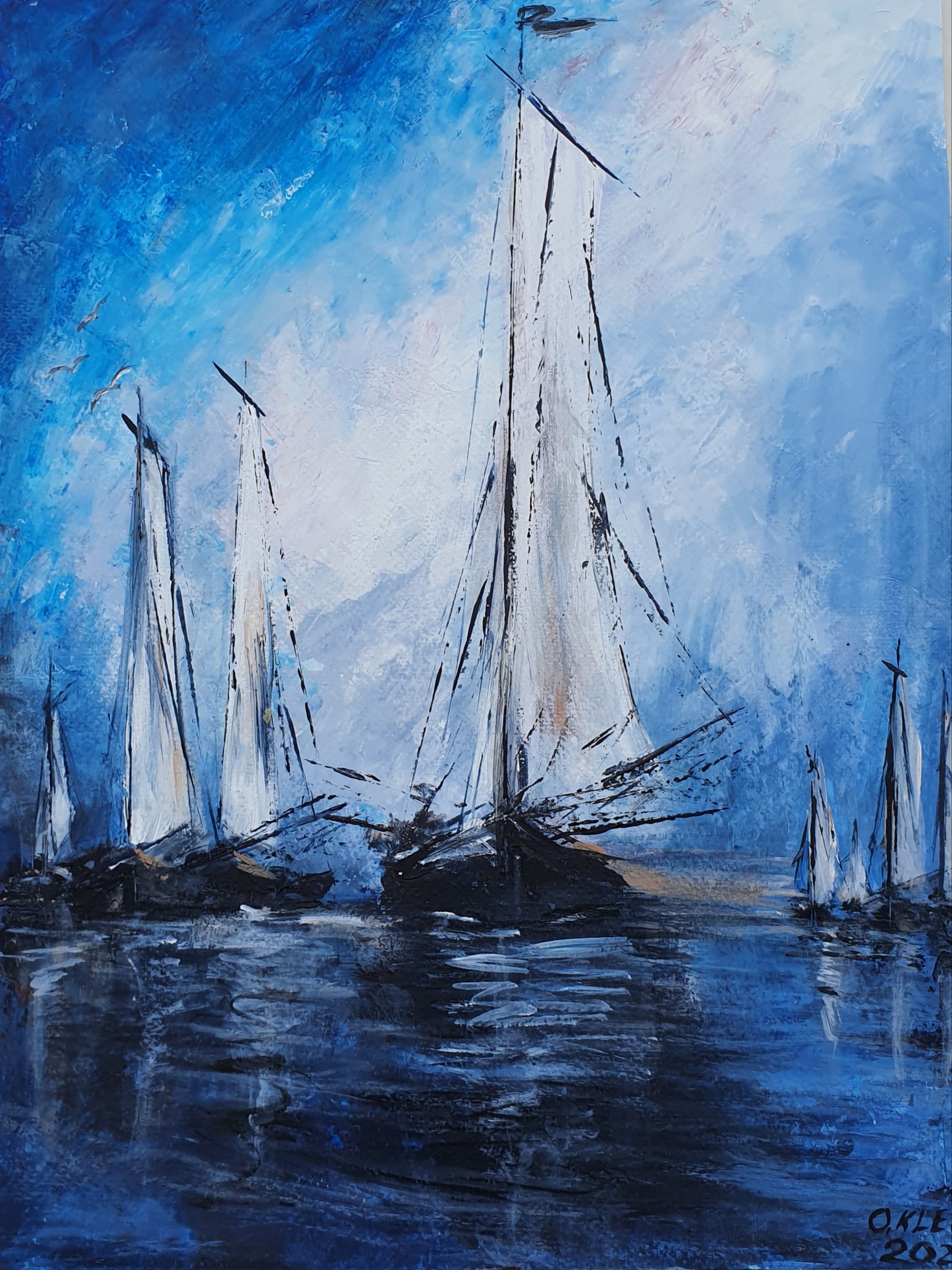 Tableau Canevas Marin – La Mer, Voiliers – Bleu Azur – Circa 1950 – Art Populaire