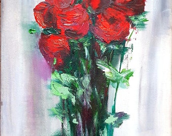 Red roses oil painting, original artwork, floral fine art impasto painting, small Textured painting 9×7 " by OlgaKleotArt.