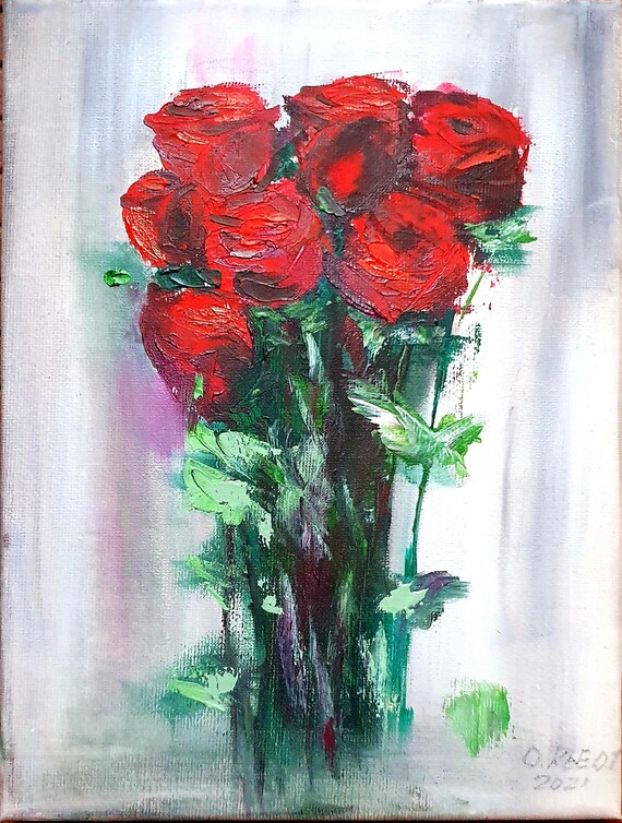 Red Roses Oil Painting: Floral Impasto Art, Small Original Artwork
