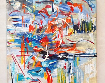 明るい抽象キャンバス絵画：カラフルなモダンアートワーク（8x8インチ