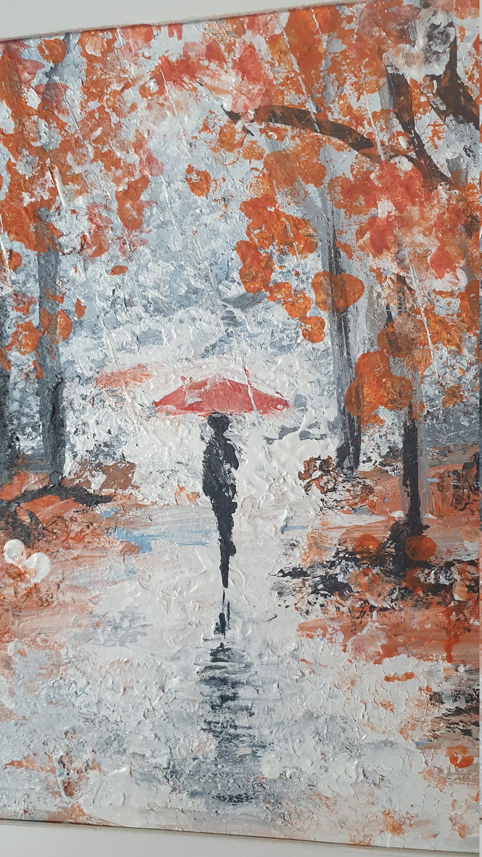 秋の雨のアクリル画：テクスチャのあるインパスト風景画（9x6インチ