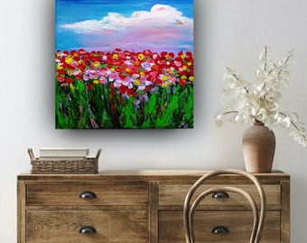 Vibrant floral canvas  painting. Bright flowers landscape. Small impasto painting on canvas 8×8' by OlgaKleotArt.