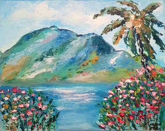 French Seascape original painting, Azure coast, oil original  Art,  Small impasto artwork, 10×12  inh canvas oil painting by OlgaKleotArt.