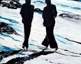 Minimalist original painting.  A man and a woman walking along the beach, in the moonlight. Canvas impasto painting 10x12 " by OlgaKleotart.