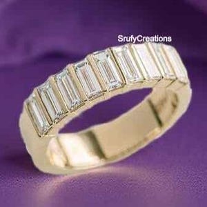 10K Yellow Gold Women&#39;s Band, 4x2 MM Baguette Cut Colorless Moissanite Engagement Band, Nine Stone Bar Setting Diamond Band, Matching Band