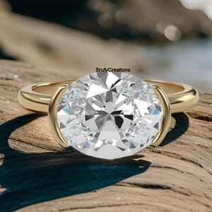East To West Half Bezel Set Solitaire Diamond Ring, 2.50 CT Oval Cut Moissanite Engagement Ring, 14K Yellow Gold Ring, Bridesmaid Ring Gift