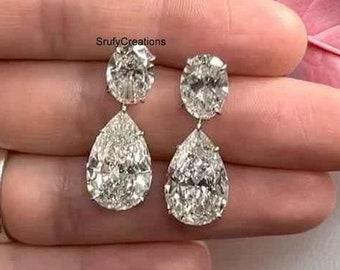 10x8 MM Oval & 14X10 MM Pear Cut Colorless Moissanite Diamond Wedding Earrings, Drop Screw Back Earrings, 14k White Gold Anniversary Gift