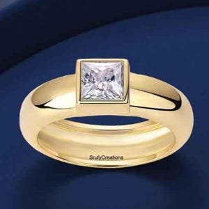 Unique Wide Band Ring, 5 MM Princess Cut Moissanite Engagement Ring, Bezel Setting Solitaire Diamond Dome Shank Ring, 18K Yellow Gold Ring