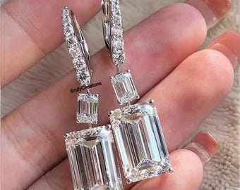 Lever Back Earrings, 11 TCW Emerald Cut Moissanite Bridesmaid Earrings, Long Drop Earrings, 10K White Gold Earrings, Party Wear Earrings
