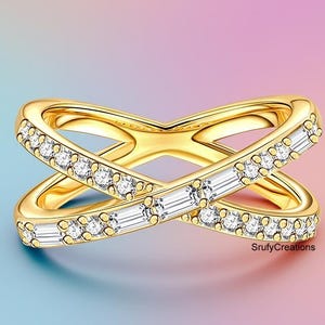 Round & Baguette Cut Moissanite Diamond Wedding Band, Crossover Shank With Half Eternity Stacking Band, 18K Yellow Gold Band, Gift For Her