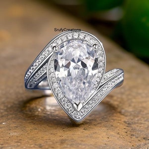 Beautiful Tear Drop Ring, 13x9mm Pear Cut Colorless Moissanite Diamond Ring, Bypass Intertwining Design Engagement Ring, 10k White Gold Ring