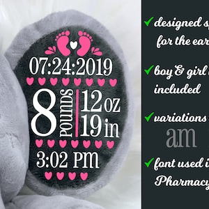 Statistiques de naissance Éléphant Svg, Faire-part de naissance, Impression de naissance de nouveau-né, bébé fille, bébé garçon, Modèle de statistiques de bébé, Cadeau de bébé, Baby Shower png