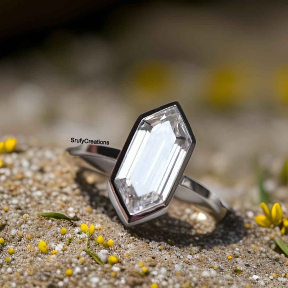 12X6 Mm Elongated Hexagon Shape Moissanite Diamond Ring, 14k