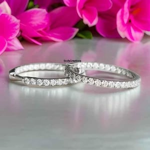 Moissanite Inside Out Hoop Earrings 2 mm Round Brilliant Cut Hoop Earrings, Lab Grown Diamond 14k White Gold Gift Earrings, Everyday Wear