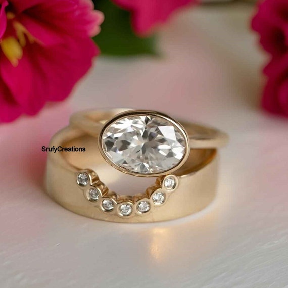 CT Oval Cut Horizontal Bezel Set Moissanite Diamond Ring, With Wide  Cigar Diamond Band, Modern Bridal Wedding Ring Set, 14k Yellow Gold