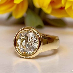 10 mm Large Round OLd European Cut Moissanite Ring, Bezel Set Wide Band Engagement Ring, 14k Yellow Gold Men's Wedding Ring, Cigar Band Ring