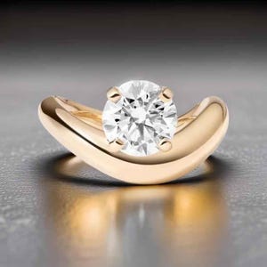 Pinky Finger Cloud Ring, Tab-Set 8 mm Round Cut Moissanite Diamond Is Embraced By The Soft Curves Of A Sculptural Cloud 14k Yellow Gold Band