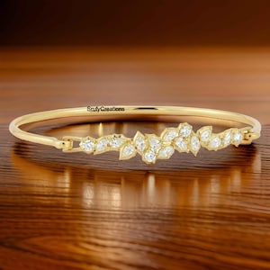 Classic Bangle, Marquise, Pear & Round Cut Moissanite Diamond Cluster Bangle, Custom Design Bezel Set Posey Bangle, 18k Yellow Gold Bangle