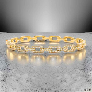 1.60 mm Round Cut Moissanite Diamond Elegant Bangle, Chain Link Delicate Everyday Wear Bangle, 18k Yellow Gold Minimalist Wedding Bangle