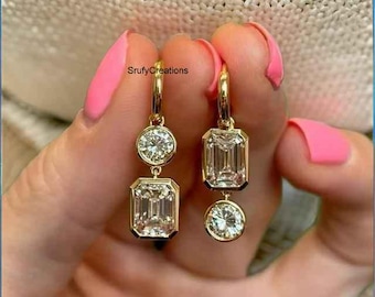 Emerald And Round Cut Bezel Set Earrings, Dangle Drop Unique Design Wedding Earrings, 14k Yellow Gold Clip On Alternative Diamond Earrings